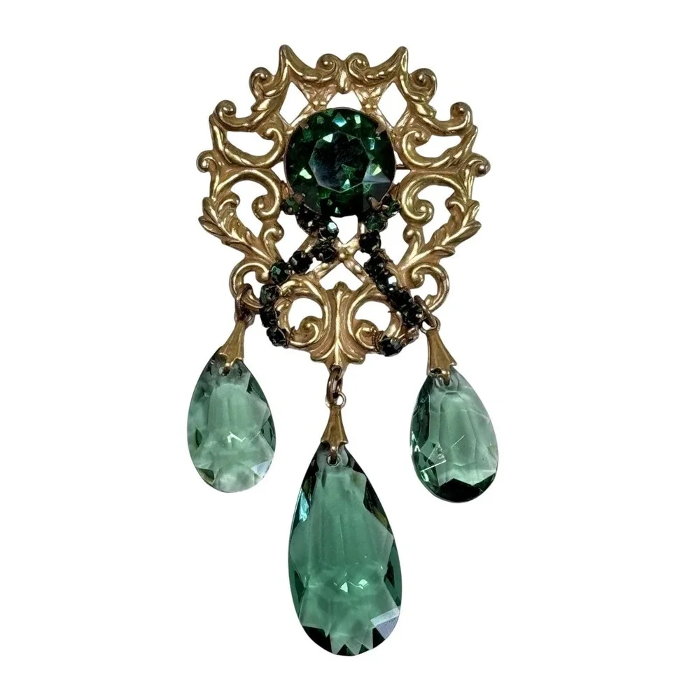 Victorian Revival Brooch Gold Tone Filigree Emerald Green Glass Stones Dangles